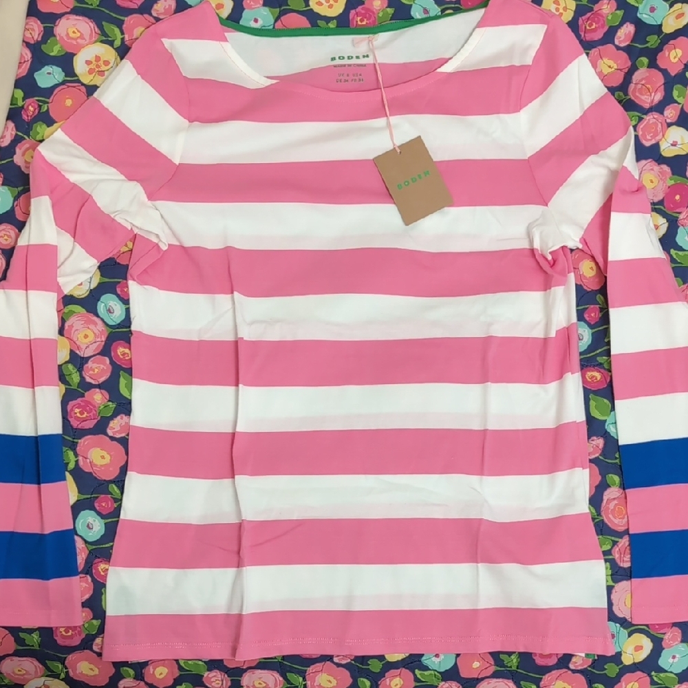 Boden Pink and White Striped Top with Blue Accents